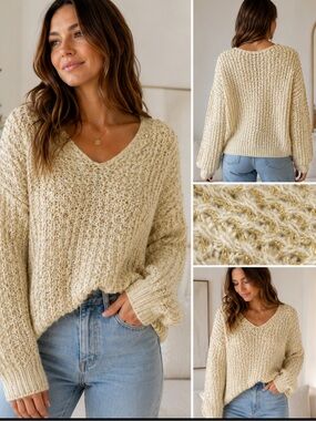 EsQualo Chunky Knit Metallic Sweater Cream Gold V-Neck Oversized M/L